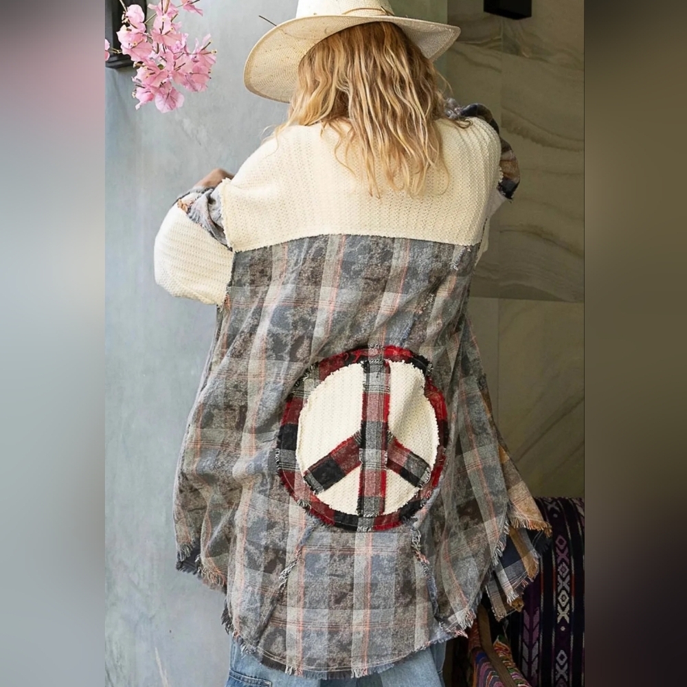 POL Peace Sign Patched Button Down Oversized Long Shirt. Sz M. NWOT - Picture 2 of 9